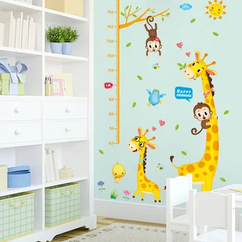 Karikatúra roztomilý opice žirafa meranie výšky samolepky na stenu detská izba detská spálňa, obývacia izba, chodba dieťa rast pravítko obtlačky