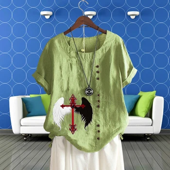 Kríž Wiings Vzor Green Plus Veľkosť O Krk Grafické Tlače Krátky Rukáv dámske Tričko okolo Krku Top Voľné Plátenná Košeľa