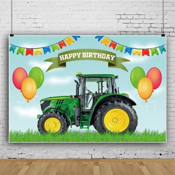 Laeacco Farma Zelený Traktor Pozadie Chlapec Narodeninovej Party Dekor Fotografie Pozadia Balóny Bannery Fotografické Pozadie