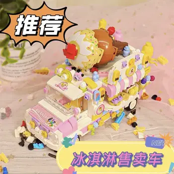 Mesto, Výhľad na Ulicu Ice Cream Auto Predajňa Potravín Mini Stavebné Bloky Kempingových Vozidiel Priateľmi Tehly HOBBY Hračky pre Deti, Dievčatá