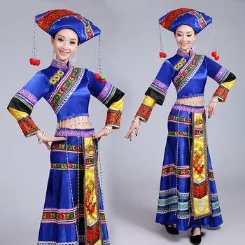 Miao tanečné oblečenie pre ženy, modrá menšiny tanečný kostým pre ženy, modrá čínskej menšiny kostýmy