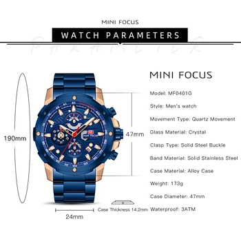 MINI ZAMERANIE Podnikania Muži Hodinky, Luxusné Značky Blue Nerezové náramkové hodinky Chronograf Quartz Hodiny Muž Relogio Masculino