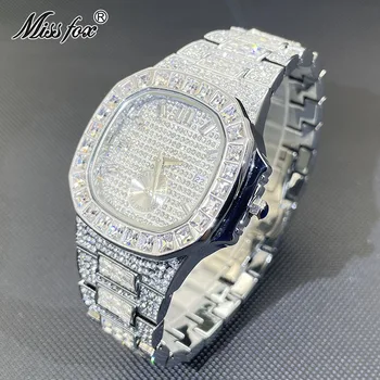 MISSFOX Quartz Hodinky Pre Mužov Silver Módneho priemyslu Muž Náramkové hodinky Plné Ľadovej Von AAA Diamond Bling Auto Dátumu, Hodiny a Šperky
