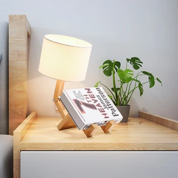 Moderné Drevené Robot DIY Stolná Lampa Látkové Tienidlo Tabuľka Svetlá Umenie Dreva Svietidlá pre Spálne Posteli Štúdia Foyer Svietidlá