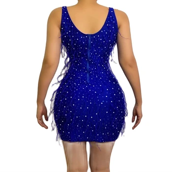 Modrá Bez Rukávov Žiarivými Kamienkami Sexy Tvaru Perie Šaty Pre Ženy Večierok Oblečenie Fáze Spevák Kostýmy Prom Nosenie