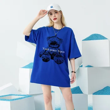 Modrá Klein Ženy, Little Bear Krátky Rukáv T-shirt Lete Roku 2023 Trend Dizajn Bežné Nadrozmerná Tee Topy Voľné Bavlnené tričko