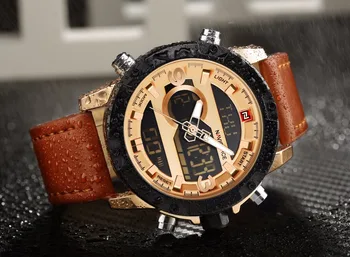 Muži športové hodinky NAVIFORCE značku hodiniek LED digitálne analógové hodinky kožené quartz hodinky 30 M vodotesný náramkové hodinky