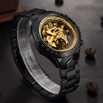 ORKINA Luxusné Značky Zlatý Čierna Kostra Dial Mens Mechanické Hodinky MaleLuxury Automatické Vonkajšie Náramkové hodinky Relogio Masculino