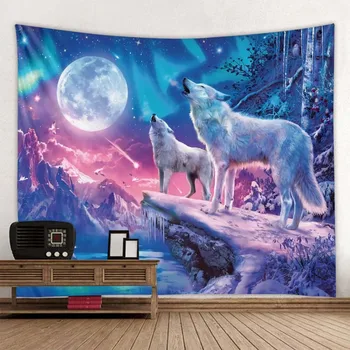 Psychedelický zvierat vlk mesiac art 3D tlač stene visí gobelín hippie české domáce dekorácie umenie yoga mat mat pláže