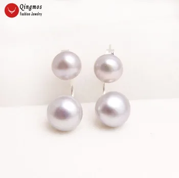 Qingmos Predné Zadné Prírodné Pearl Náušnice pre Ženy s 8-11 mm Šedá Ploché Kolo Pearl Obojstranný Náušnice Jemné Šperky ear702