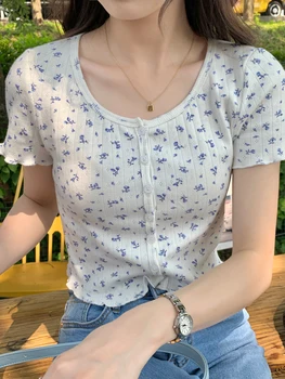 Roztomilý Kvetinový Tričko Ženy Letný Singel svojim Prairie Elegantné Topy Čaj na Sladké Dievča Kawaii T-shirt