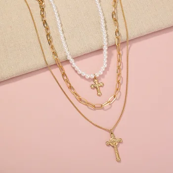 Ročník cross prívesok multi-vrstvený náhrdelník Európskych a Amerických pearl kríž módny náhrdelník zámok žien kosti reťazca