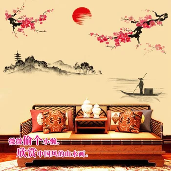 Slivka Východe Krajiny Čínsky štýl art samolepky na stenu Obývacia izba, Spálňa pozadie pre domáce dekorácie nástenná maľba Obtlačky tapety