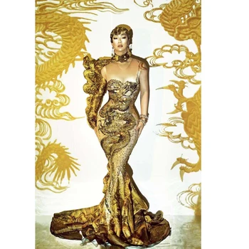 Stage show celebrity šaty Gold dragon Dlhé večerné šaty Čínsky štýl násobne hudobný koncert tanečných kostýmov,