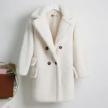 Umelú Kožušinu Kabát Ženy 2020 Jeseň Zima Elegantné Fleece, Dlhý Teddy Kabát S Vrecku Plyšové Teplý Kabát Žena
