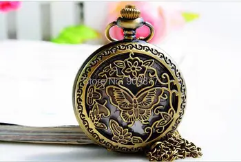 Vintage bronze duté sa motýľ vzor Quartz Vreckové hodinky náhrdelník šperky, hodinky, hodiny, doplnky, darčeky