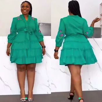 Vyšívané Afriky Šaty pre Ženy 2022 Jeseň Oblečenie Skladaný Mini A-Line Šaty Party Šaty Kaftan Elegantný Župan Longue Femme