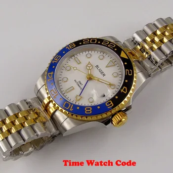 Zlaté Luxusné BLIGER 40 mm Mechanické modrá GMT pánske Náramkové hodinky Biele dial zobrazenie Dátumu zafírové sklo Pracovné keramická fazeta