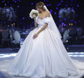 Zákazku Dubaj Vintage Opuchnuté Biele Svadobné Šaty 2021 S Dlhý Vlak Korálkové Guľové Šaty Svadobné Vestido De Novia Skromné