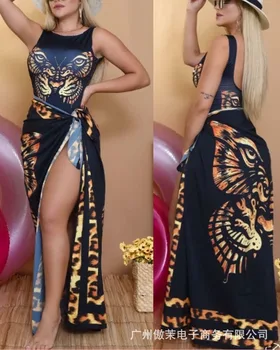 Ženy Elegantné Šaty 2022 Letné Módne dámske Nové Leopard Tlač bez Rukávov Pláži Plavky Nastaviť, Vintage High Split Šaty Vestido